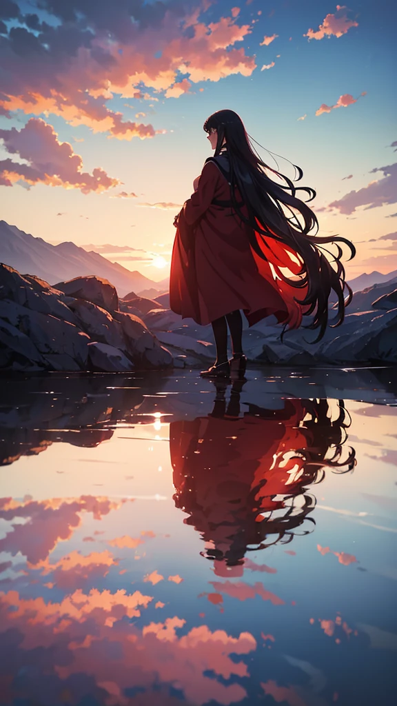 Pictures of a natural scene that could be the cover of a novel in which a person appears standing on the side of a mountain and looking at the expanse of the sea, which appears to be red in color from the reflection of the crimson moonlight in the sea. The man appears to be eighteen years old and has long hair.Anime man anime style Anime man is not realistic animation 