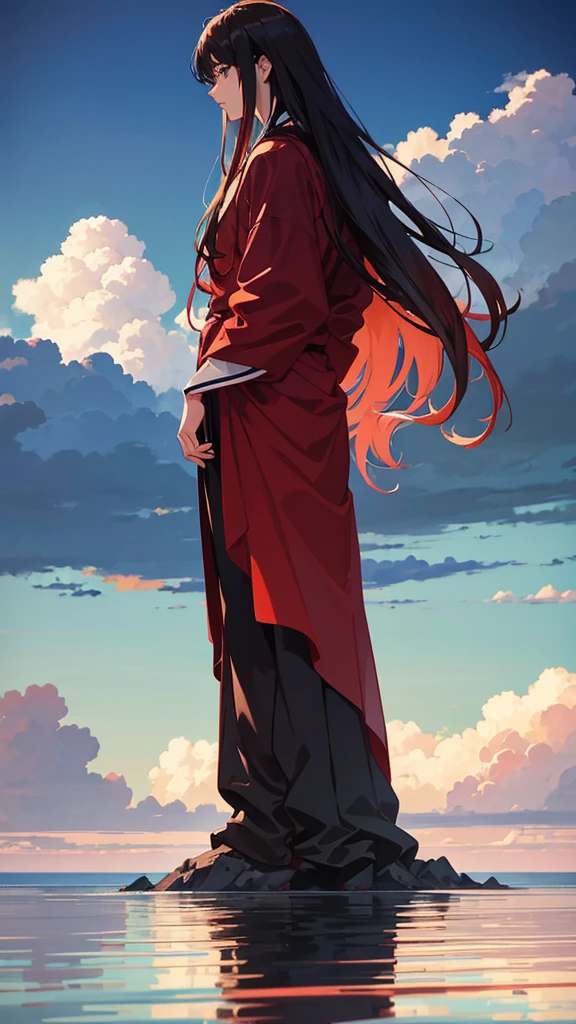 Pictures of a natural scene that could be the cover of a novel in which a person appears standing on the side of a mountain and looking at the expanse of the sea, which appears to be red in color from the reflection of the crimson moonlight in the sea. The man appears to be eighteen years old and has long hair.Anime man anime style Anime man is not realistic animation 