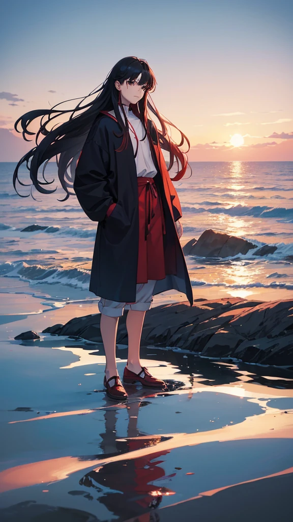 Pictures of a natural scene that could be the cover of a novel in which a person appears standing on the side of a mountain and looking at the expanse of the sea, which appears to be red in color from the reflection of the crimson moonlight in the sea. The man appears to be eighteen years old and has long hair.Anime man anime style Anime man is not realistic animation