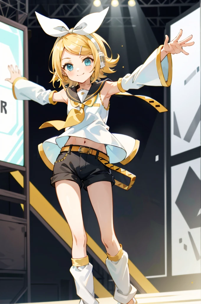 masterpiece, best quality, absurdres, perfect anatomy, 1girl, solo, Kagamine Rin, short hair, hair ribbon, number tattoo, bow, white shirt, detached sleeves, belt, sailor collar, headphones, shorts, leg warmers, standing, smile, cowboy shot, indoors, on stage, lights