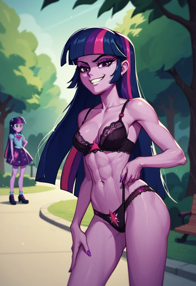 Twilight Sparkle, wearing y bra and panvil smug grin, Standing in the park, twilight Sparkle equestria girls, twilight Sparkle, cuerpo completo, high resolusion