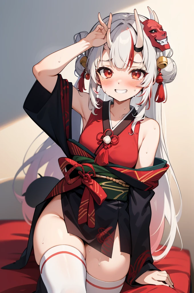 masterpiece, best quality, absurdres, perfect anatomy, 1girl, solo, Nakiri Ayame, long hair, double bun, AyameBase, black kimono, hair bell, obi, white thighhighs, bare shoulders, sleeveless, oni mask, mask on head, grin,(sweating),blush,my room,thigh,armpit,looking viewer,nsfw