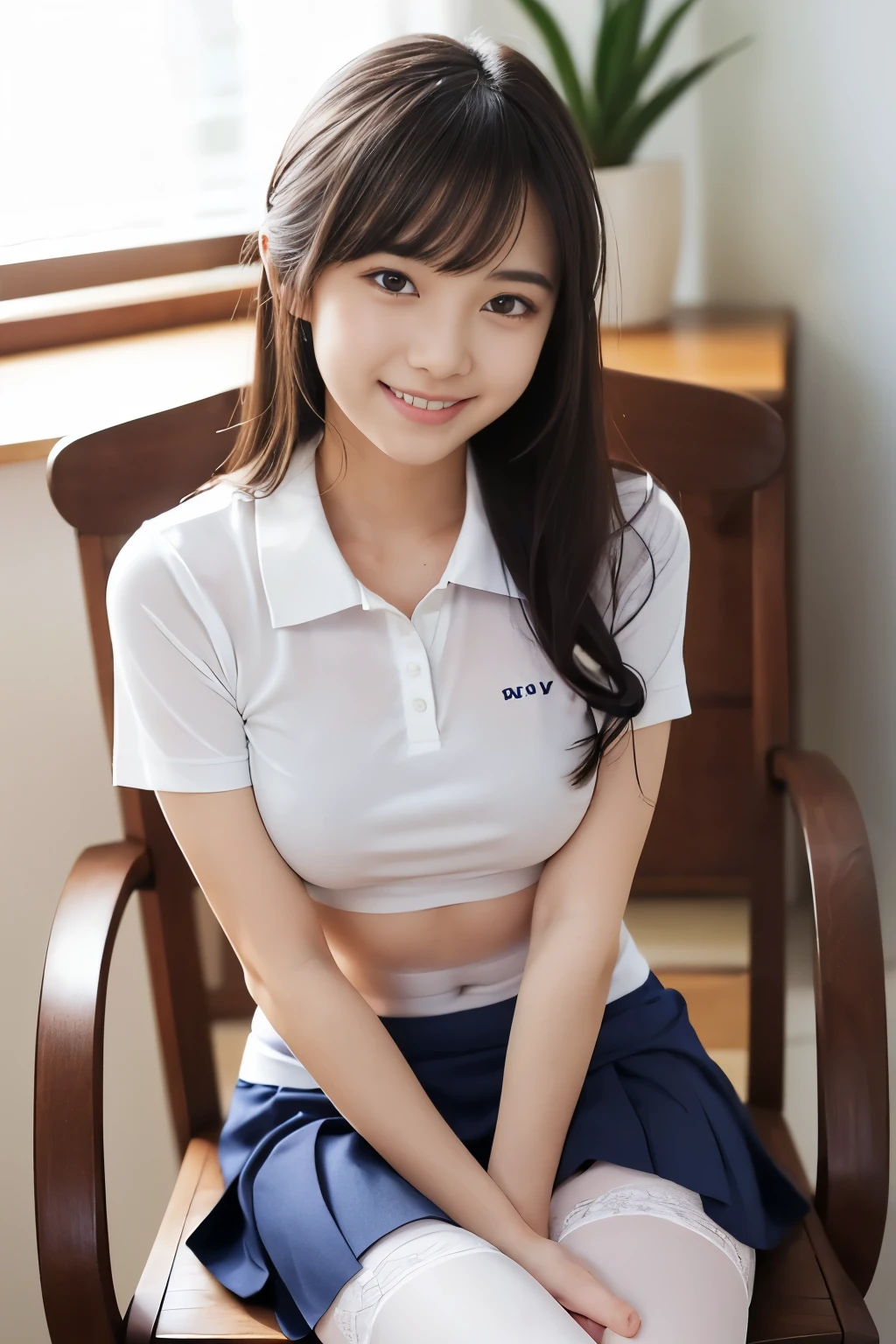 Japanese、high school student、Beauty、Facing forward、Kind eyes、Smiling Kindly、Wearing a navy blue short-sleeved polo shirt、She is wearing a tight grey itting in a chair、Hands outstretched、((Her white underwear is visible between her skirt and legs.))、(Wearing white panties)、She is facing the camera with both knees together.、