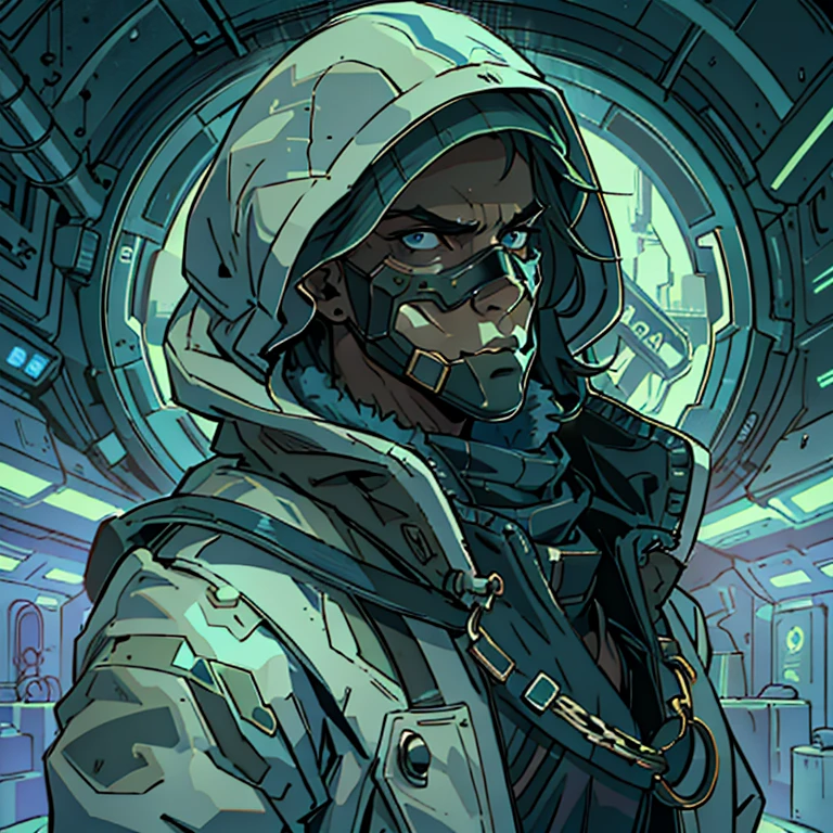 ((Ultra high resolution masterpiece, with futuristic style and meticulous details)). | A criminal in a futuristic snow suit is posing in a medium plane, with his face completely covered by a mask or hood. The costume is complete, covering it from head to toe, with technological details and a sinister appearance that reflects its evil character. The background is simple and neutral to keep the focus on the character, emphasizing the complexity and atmosphere of the costume. | The composition shows the criminal in an imposing posture, highlighting the design of the costume and the aura of threat. The lighting should be subtle, but effective, to create a dramatic contrast and highlight the silhouette of the character. | The image should capture the essence of a futuristic villain, with a highly detailed costume and a background that does not distract from the main focus. | ((((((full body image)))), ((perfect texture, perfect detail, ultra detailed, enhance details, correct imperfections):1.2), ((More Detail, Enhance)).