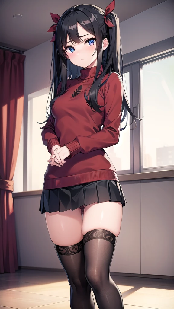 rintohsaka, rin tohsaka kyockcho, aqua eyes, (black hair:1.5), hair ribbon, long hair, ribbon, sidelocks, two side up, (parted bangs:1.5),
BREAK black skirt, black thighhighs, long sleeves, miniskirt, pleated skirt, (red sweater:1.5), skirt, sweater, thighhighs, turtleneck,
BREAK indoors, classroom,school,
BREAK looking at viewer,
BREAK (masterpiece:1.2), best quality, high resolution, unity 8k wallpaper, (illustration:0.8), (beautiful detailed eyes:1.6), extremely detailed face, perfect lighting, extremely detailed CG, (perfect hands, perfect anatomy),full body, upskirt, showing panties,sexy panties,