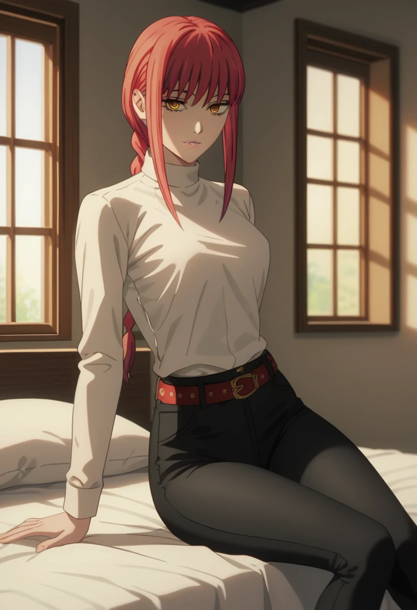 score_9_up, score_8_up, score_7_up, 1girl, solo, mature female, ((Makima)), ((red braided hair)), yellow eyes, pink lips, parted lips, fit slim body,(((perfect erected medium breast))) (((white shirt, black tight pants, belt))), (((highly detailed bedroom, window, bed))), perfect fit model body, wide hips, seductive pose, lewd look