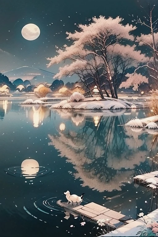 A serene spring night with the moon shining brightly over a riverbank adorned with blooming flowers. The sky is clear with stars visible, and the moonlight reflects gently on the calm waters of the river. Flowers of various colors, including pink, white, and yellow, line the edge of the river, crea8ng a picturesque and tranquil scene. The surrounding trees are lush with green leaves, adding to the peaceful ambiance of the spring night.
