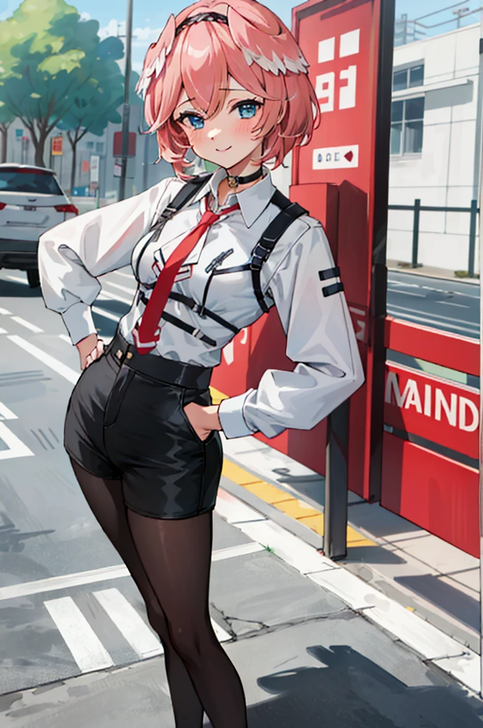 masterpiece, best quality, absurdres, perfect antomy, 1girl, solo, hip focus, takane lui, outdoors, street, smile, blush, hand on hips, white shirt, hairband, choker, red tie, black shorts, pantyhose, medium breasts, blue eyes