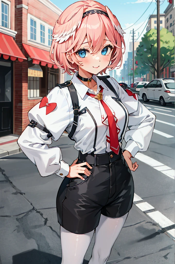 masterpiece, best quality, absurdres, perfect antomy, 1girl, solo, hip focus, takane lui, outdoors, street, smile, blush, hand on hips, white shirt, hairband, choker, red tie, black shorts, pantyhose, medium breasts, blue eyes