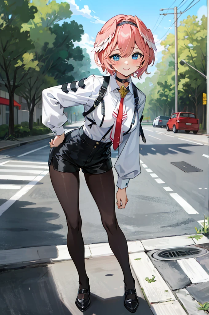 masterpiece, best quality, absurdres, perfect antomy, 1girl, solo, hip focus, takane lui, outdoors, street, smile, blush, hand on hips, white shirt, hairband, choker, red tie, black shorts, pantyhose, medium breasts, blue eyes