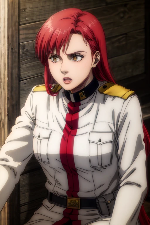 30 year old woman, channel red hair, gold eyes, neutral expression, White military uniform, liberia, Marley