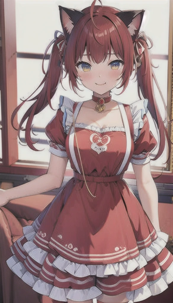 (masterpiece, best quality:1.2), 1girl, 独奏,cat ear,red hair,twintail,Akami Karubi,Akami Galbi,red dress,white apron,silver choker,