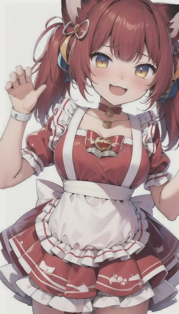 (masterpiece, best quality:1.2), 1girl, 独奏,cat ear,red hair,twintail,Akami Karubi,Akami Galbi,red dress,white apron,silver choker,