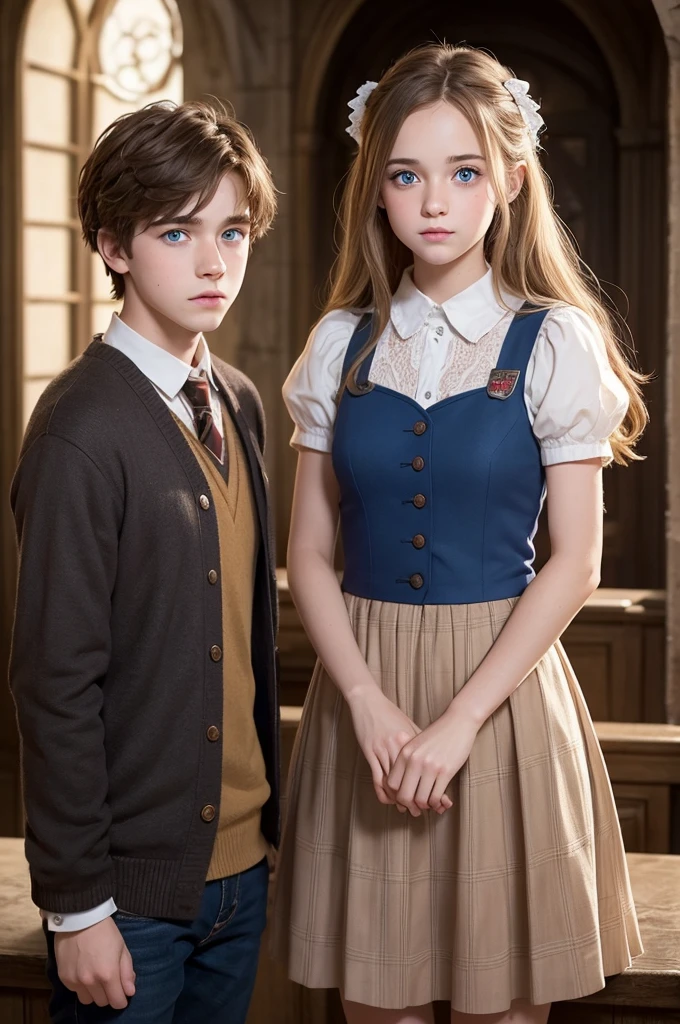 I want images of a age couple. A blue-eyed blonde from Hogwarts house "Huffle Puff." And a boy with dark brown hair and light brown eyes from Hogwarts house "Griffyndor."