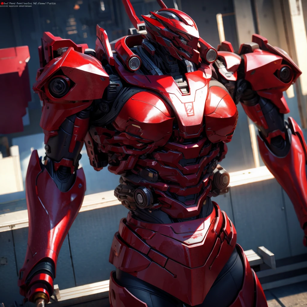 Blood red mech with beige accents. With structure made of animal bones, vivid red eyes, fit the tribal appearance and average body. He carried with him a spear made of bones with red details.. Non-human, Extremely detaild, 4K UHD, HDR, naturallight, cinematic lighting, masterpiece-anatomy-perfect, ultra HD, Space Combat, Battlefield, RAW photo, metallic, ultra-fine painting, perfect body proportions, anatomically correct, real texture material, Anti-Aliasing, TXAA, SSAO, Post Processing, Post Production, Tone Mapping, CGI, VFX, SFX, Hyper maximalist, ultra photorealultra-detailed intricate details.