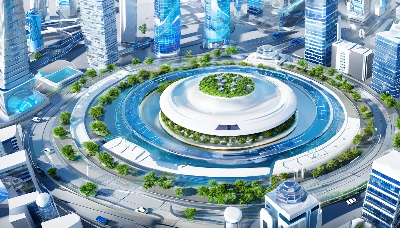Create a 3D-style smart city scene blue and white scheme, Centered around Earth architecture,showcasing elements such as smart transportation systems, smart buildings, digital governance, and intelligent environmental monitoring --ar 16:9 --v 6.0