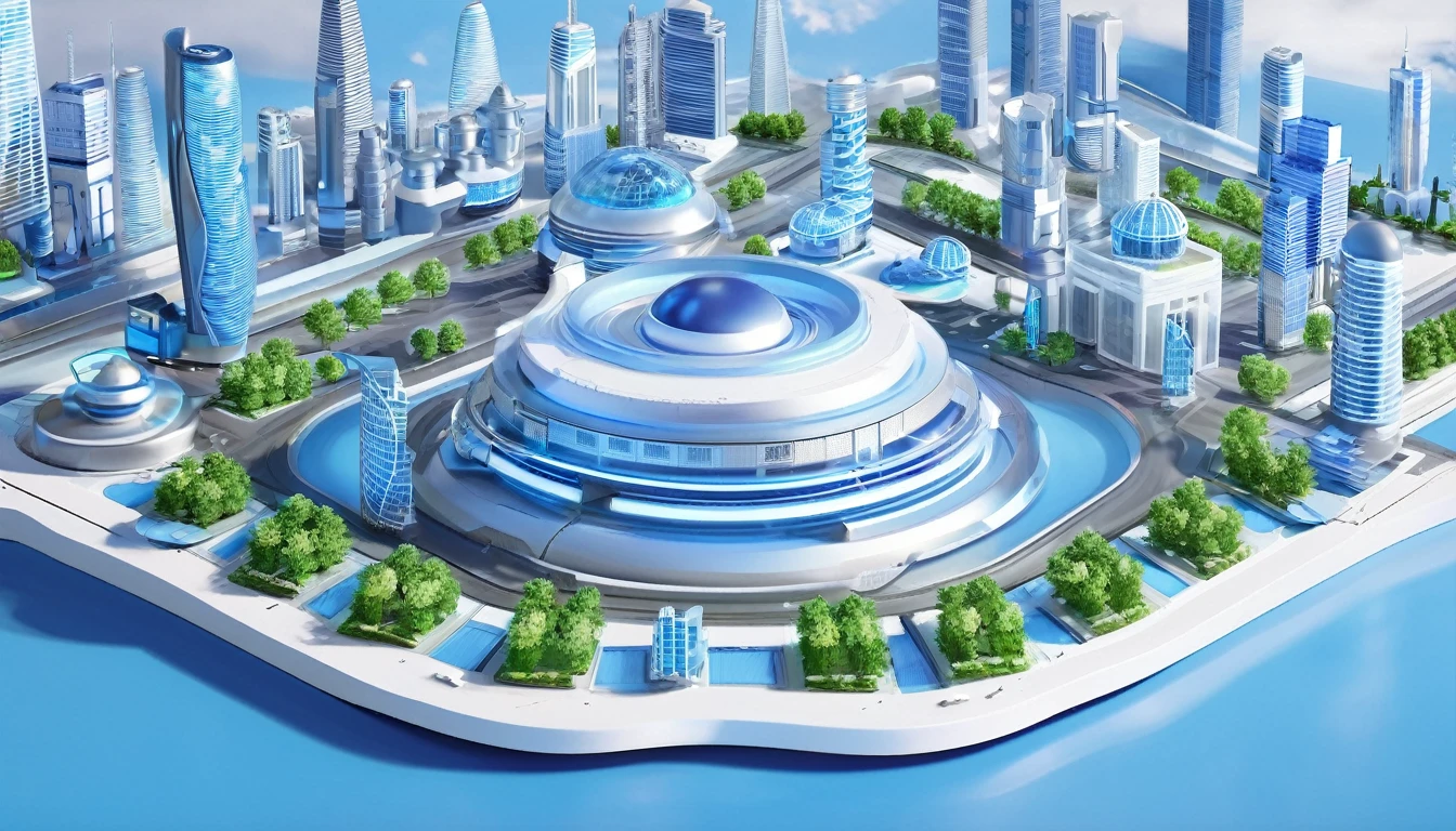 Create a 3D-style smart city scene blue and white scheme, Centered around Earth architecture,showcasing elements such as smart transportation systems, smart buildings, digital governance, and intelligent environmental monitoring --ar 16:9 --v 6.0