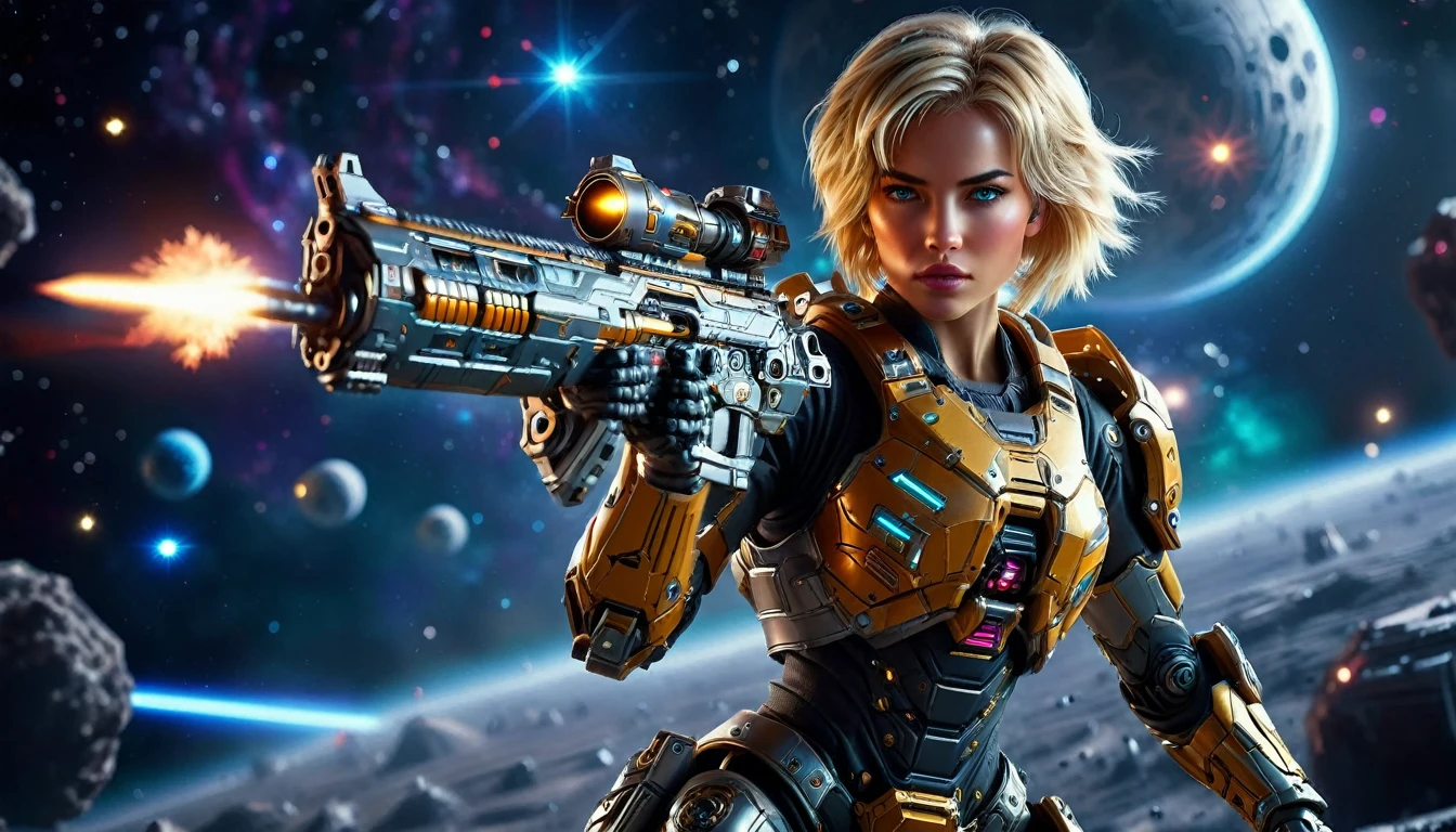 a female mech warrior in battle on a moon in space, full body shot, action shot, a tough and beautiful female mech warrior, short blond hair, dynamic eye color, intent gaze, ultra detailed face, best detailed face, she wears mech armor, and massive sci-fi gun, in battle, outer space background, stars, vibrant, Ultra-high resolution, High Contrast, (masterpiece:1.5), highest quality, Best aesthetics), best details, best quality, highres, (ultra wide angle: 1.2), 16k, ultra detailed, masterpiece, best quality, (extremely detailed),aetherpunkai, Mechanical Creatures, assault rifle