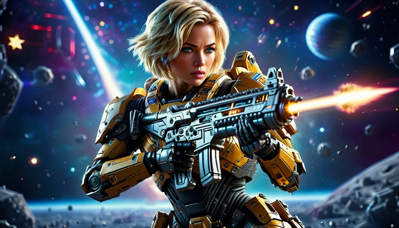 a female mech warrior in battle on a moon in space, full body shot, action shot, a tough and beautiful female mech warrior, short blond hair, dynamic eye color, intent gaze, ultra detailed face, best detailed face, she wears mech armor, and massive sci-fi gun, in battle, outer space background, stars, vibrant, Ultra-high resolution, High Contrast, (masterpiece:1.5), highest quality, Best aesthetics), best details, best quality, highres, (ultra wide angle: 1.2), 16k, ultra detailed, masterpiece, best quality, (extremely detailed),aetherpunkai, Mechanical Creatures, assault rifle