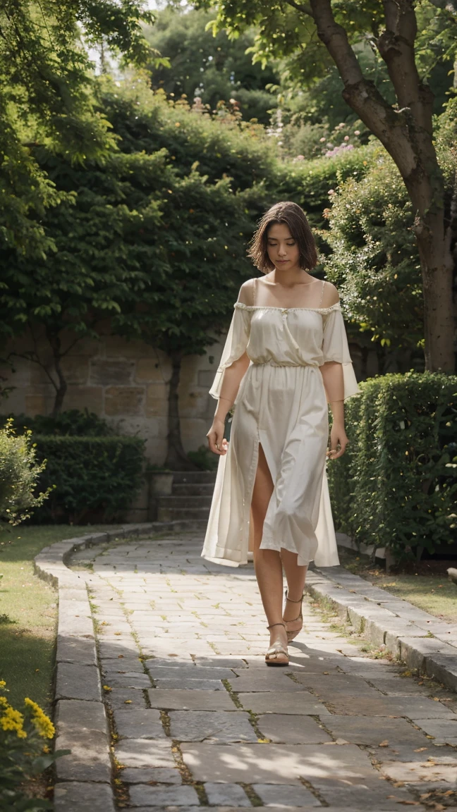 Une jeune femme de 20 ans avec des cheveux bruns et des yeux clairs se tient dans un grand jardin public. Elle porte une robe verte élégante qui ondule légèrement avec la brise. Le jardin est rempli de fleurs colorées et d'arbres majestueux, créant une atmosphère paisible et pittoresque. La lumière du soleil traverse doucement les feuilles, illuminant son visage et accentuant la couleur éclatante de sa robe. Des allées de gravier serpentent à travers le jardin, avec des bancs en bois et des statues classiques éparpillés autour.