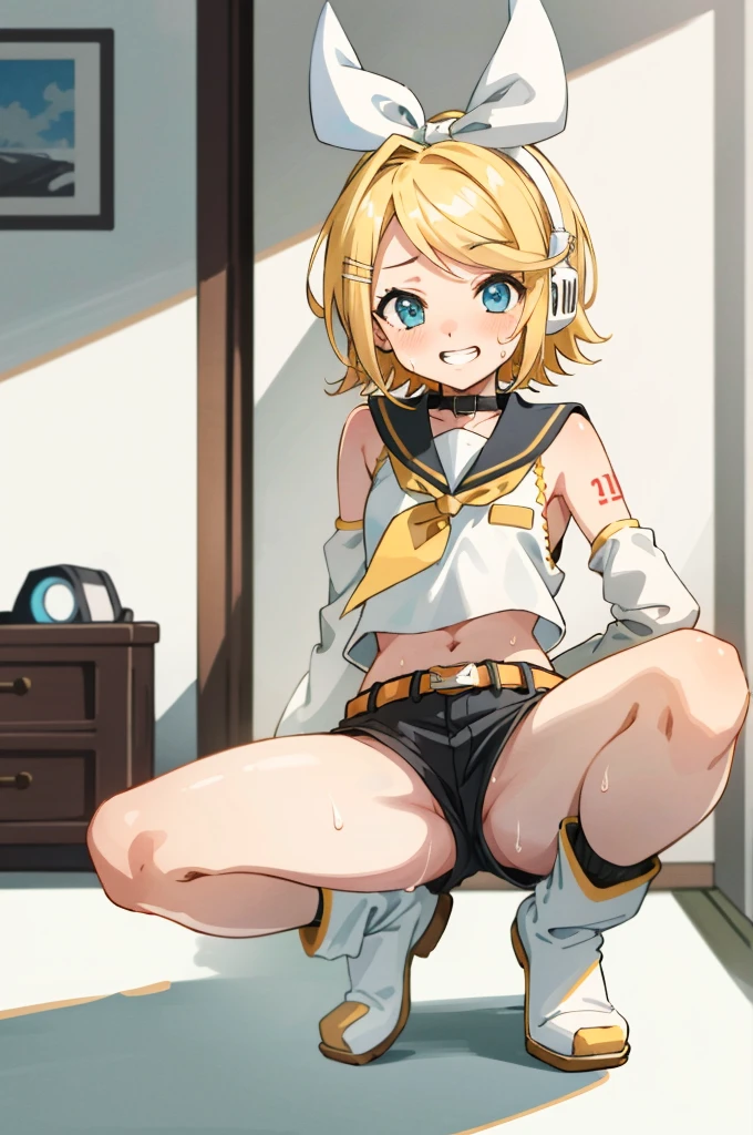 masterpiece, best quality, absurdres, perfect anatomy, 1girl, solo, Kagamine Rin, short hair, hair ribbon, number tattoo, bow, white shirt, detached sleeves, belt, sailor collar, headphones, shorts, leg warmers, my room,squatting,open legs,spread legs,grin,sweating