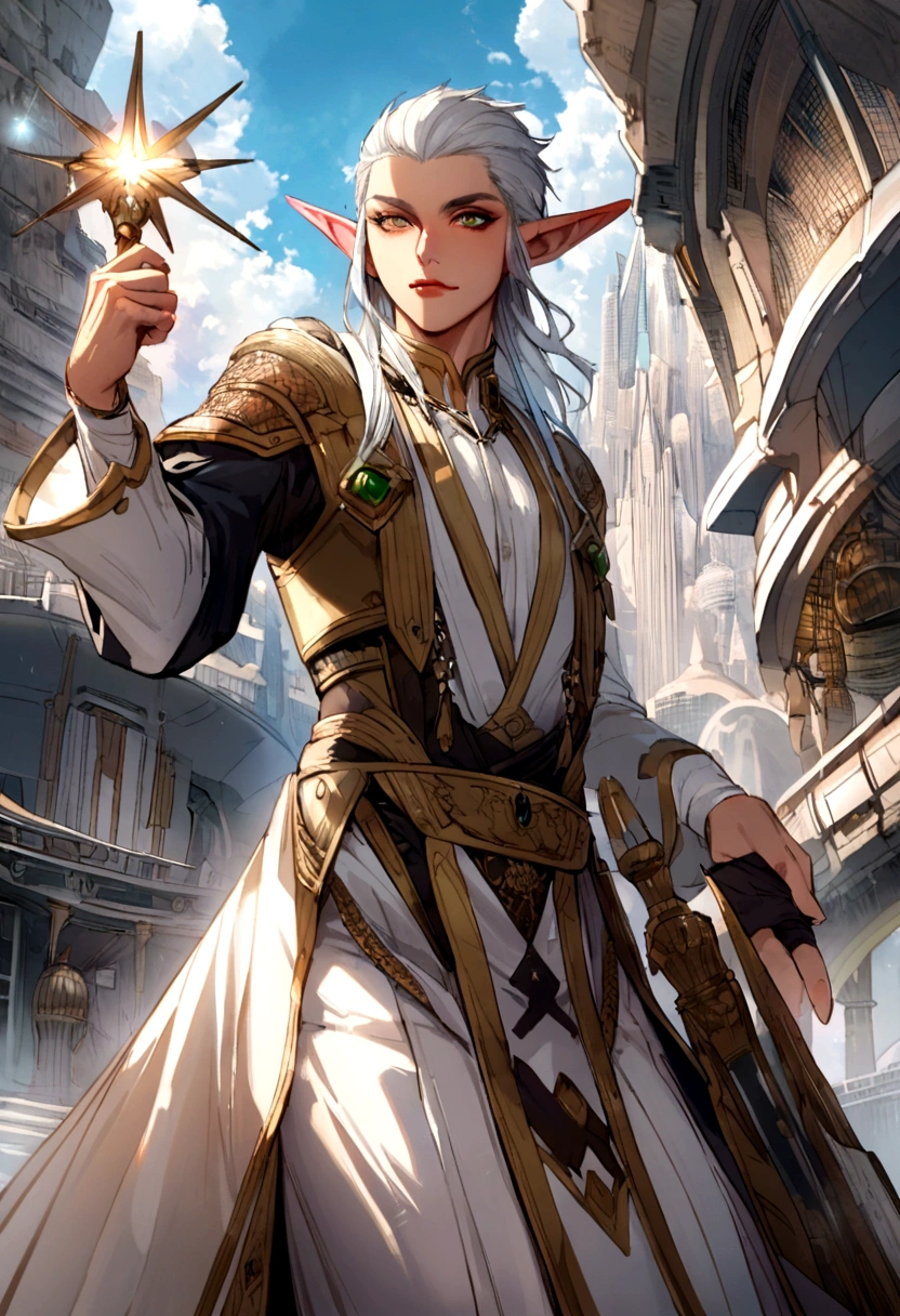 a palandin warrior with light magic MAN with a spear in his hand with his race being elf