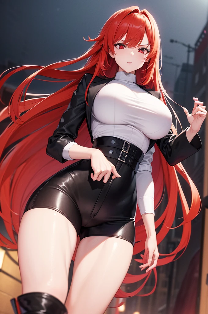(8K, Best quality at best, masterpiece:1.2)、A high resolution、(4K digital art),
1tall woman, long messy red hair, white skin, red eyes, sexy body, big breasts, big sagging breasts, sexy waist, white shirt, tight black jacket, tight black pants, brown boots, serious expression, fighting pose, alley stage at night