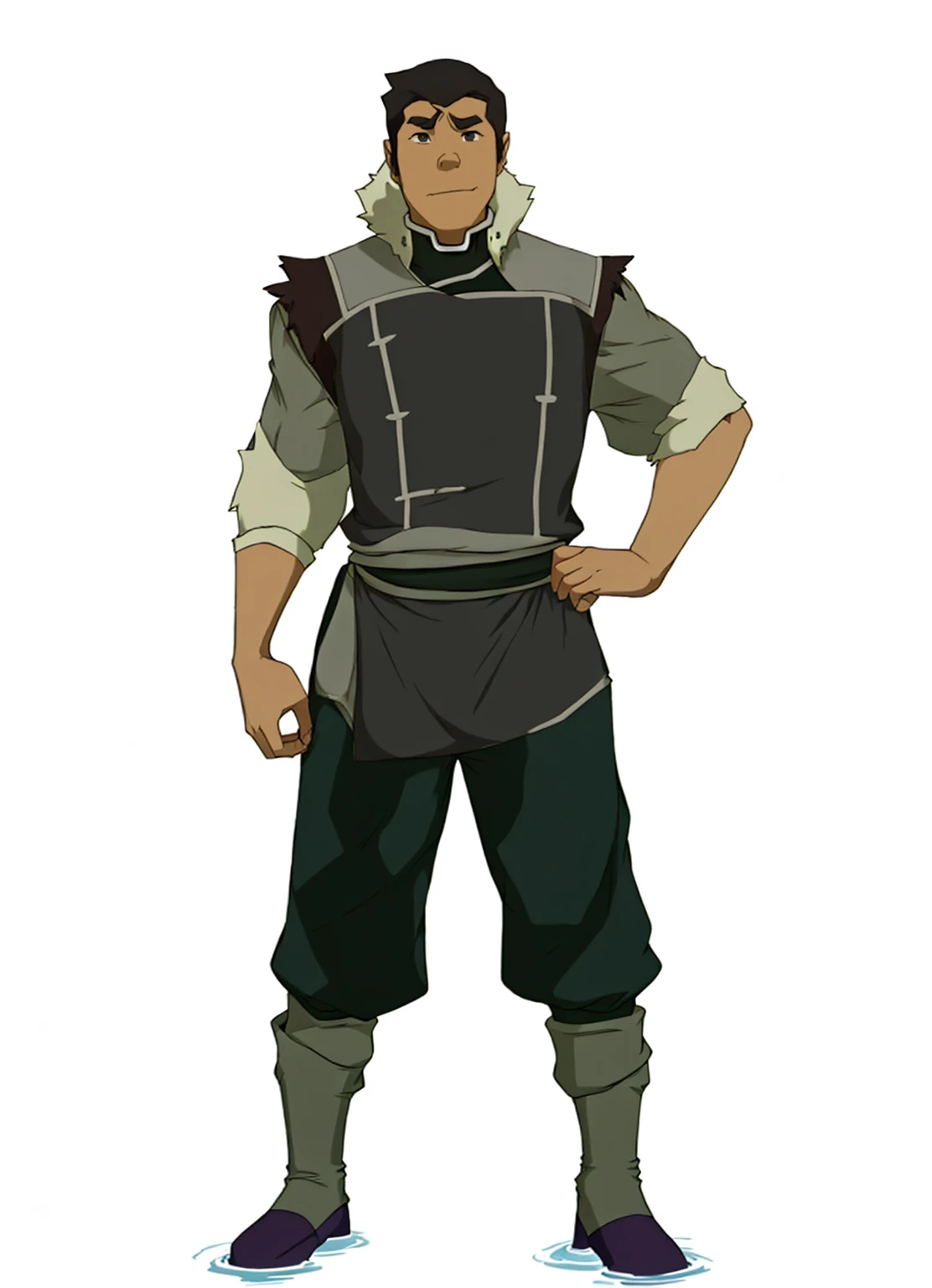 African-American male Bolin , the legend of Korra character, purple water tribe outfit, dark purple pants, fur collar, clothing from the water tribe, side shaved hair African-American 