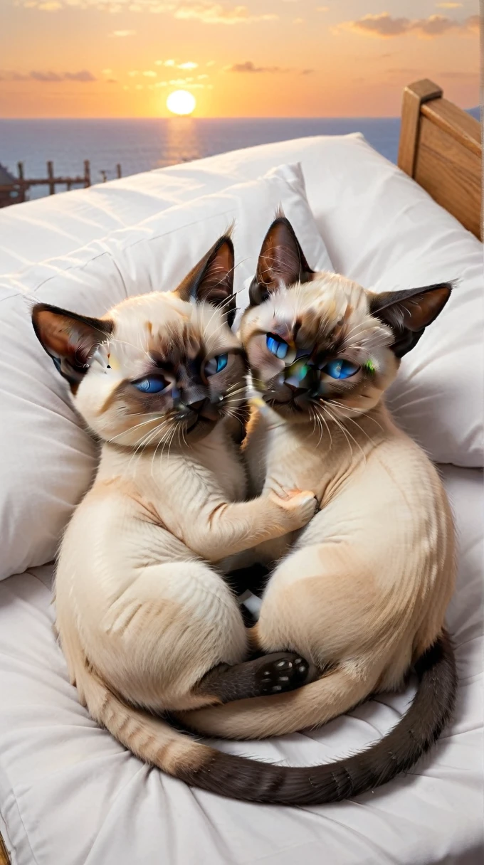 With the sunset in the background,(masterpiece:1.2, high quality), Sleeping together in bed２Siamese kittens、