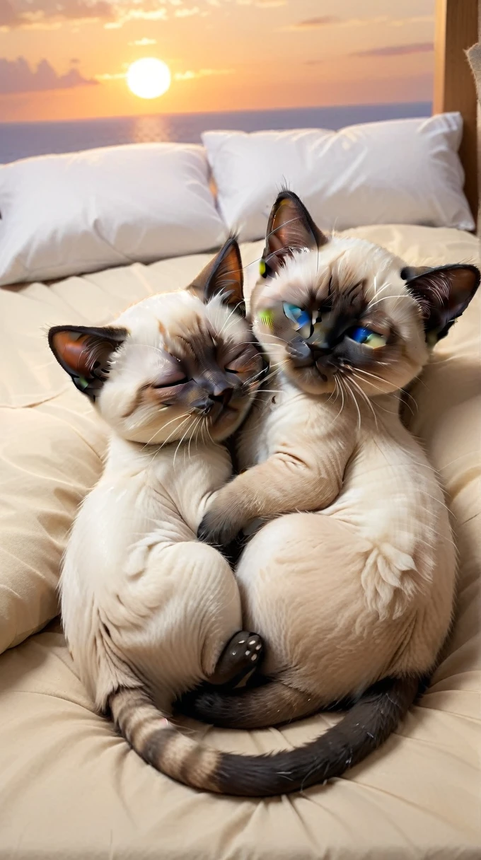 With the sunset in the background,(masterpiece:1.2, high quality), Sleeping together in bed２Siamese kittens、