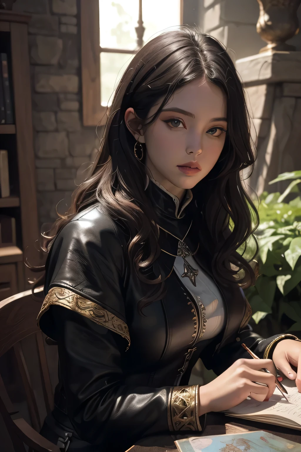 ((best qualityer)), ((work of art)), (detailded), high qualiy, 8K Ultra-HD, 1 medieval fantasy RPG adventurer similar to the works of JRR TOLKIEN, black curly hair,black leather clothing details,clear lighting, detailed shadows 