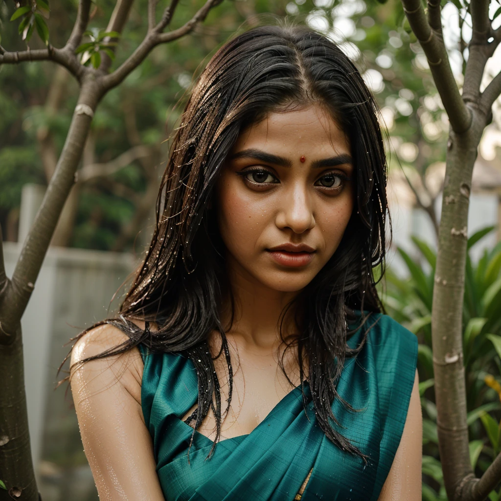 Girl with saree, big eyes, sharp nose, wet lips, long hair, read face, sexy body, in tree ,wer eyes