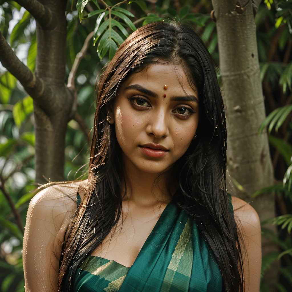 Girl with saree, big eyes, sharp nose, wet lips, long hair, read face, sexy body, in tree ,wer eyes