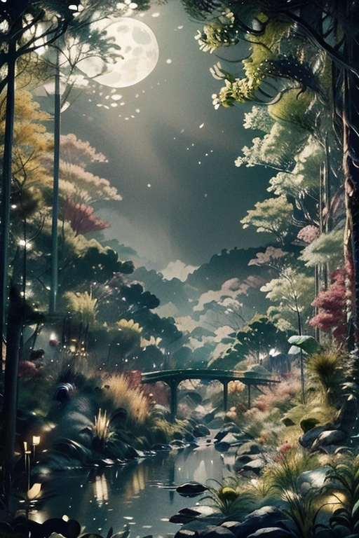 A serene spring night with the moon shining brightly over a riverbank adorned with blooming flowers. The sky is clear with stars visible, and the moonlight reflects gently on the calm waters of the river. Flowers of various colors, including pink, white, and yellow, line the edge of the river, crea8ng a picturesque and tranquil scene. The surrounding trees are lush with green leaves, adding to the peaceful ambiance of the spring night.