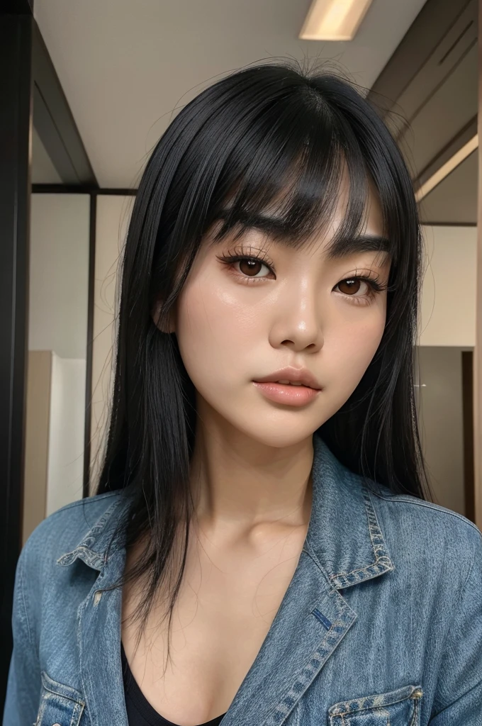 East Asian woman (half japanese, half Korean)who fits japanese, korean and europian beauty standard. Long black hair with bangs, thick eyebrows, hunter eyes, round face with sharp jawline thin upper lips and plumpy lower lips