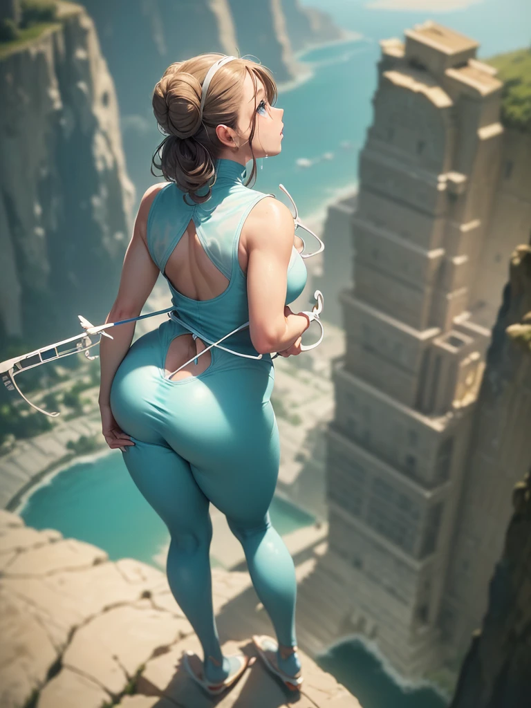 Highest quality, masterpiece, Ultra-high resolution, (Realistic:1.4), RAW Photos, Intricate details, Big beautiful eyes, Perfect contours, masterpiece, One Girl, ((Junior high school student)), Braided Bob, (aerial view:2), (perky breasts:1.5, high breasts:1.5), (curvy waist:1.5), Competitive swimmer, (one piece:1.5, turtleneck,Sleeveless swimsuit, Sandals), Clear metallic green swimsuit:1.5, tight high leg swimsuit:1.4, ((shoot from behind:2, looking away:2)), Portraiture, ((Standing on the edge of a cliff:1.5, Hesitant to jump:1.5, Incredibly high sheer cliffs:1.5, Stand at the highest point overlooking the surrounding area, peer down the cliff:1.5)), (Anxious expression、His mouth is twitching with fear), Wet Skin, (Underarm)