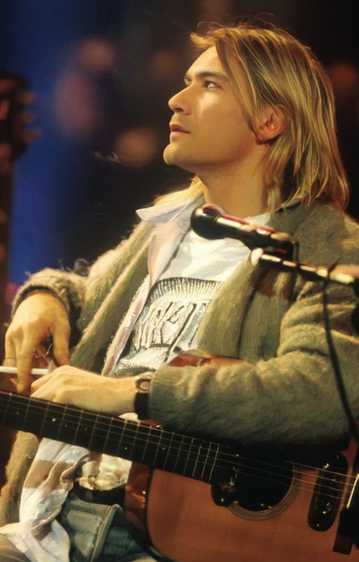  In the image, a man with long blonde hair is playing a guitar on stage. He is wearing a white shirt with the word \"IWE\" written on it. Original face, Perfect realistic skin and hands. Ultra realistic photo, vibrant colors, bold copors, 8k