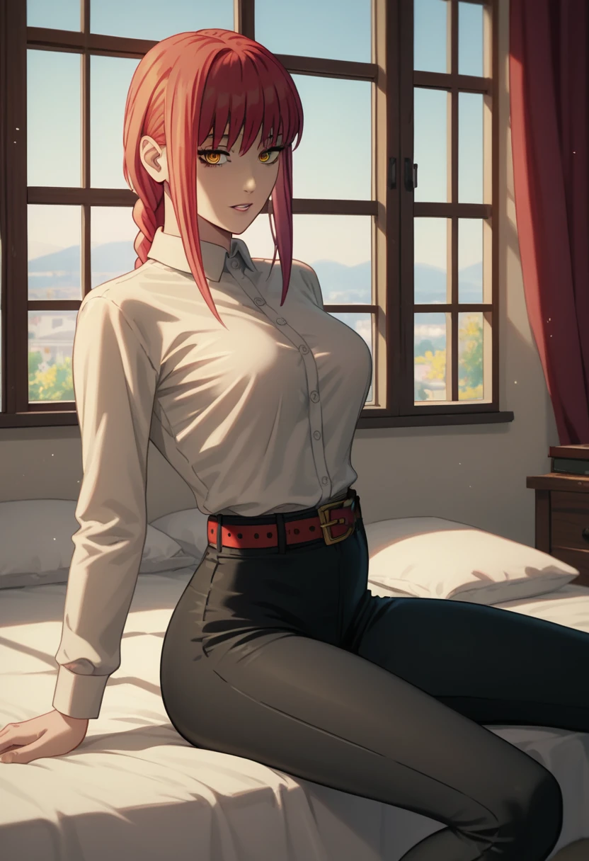 score_9_up, score_8_up, score_7_up, 1girl, solo, mature female, ((Makima)), ((red braided hair)), yellow eyes, pink lips, parted lips, fit slim body,(((perfect erected medium breast))) (((white shirt, black tight pants, belt))), (((highly detailed bedroom, window, bed))), perfect fit model body, wide hips, seductive pose, showing her pumped up ass, from behind