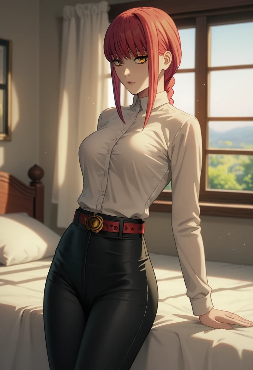 score_9_up, score_8_up, score_7_up, 1girl, solo, mature female, ((Makima)), ((red braided hair)), yellow eyes, pink lips, parted lips, fit slim body,(((perfect erected medium breast))) (((white buttoned shirt, black tight pants, belt))), (((highly detailed bedroom, window, bed))), perfect fit model body, wide hips, seductive pose