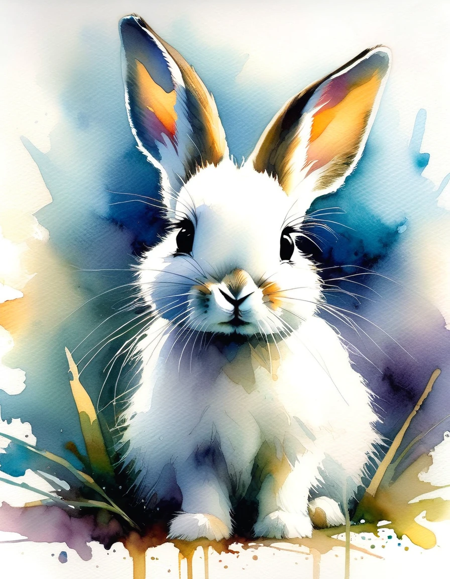 realistic watercolor of a little rabbit, white background,(art inspired by Bill Sienkiewicz). oil painting)