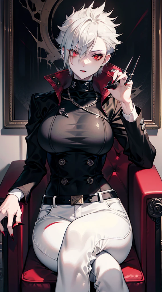 Adult woman, short gray hair, spiked hair, red eyes, black eye shadow, black lipstick, White aristocrat jacket, black tight pants, large breasts, musculature, claws, lock, sits on a chair, Masterpiece, hiquality, 4k, HD, Good detail