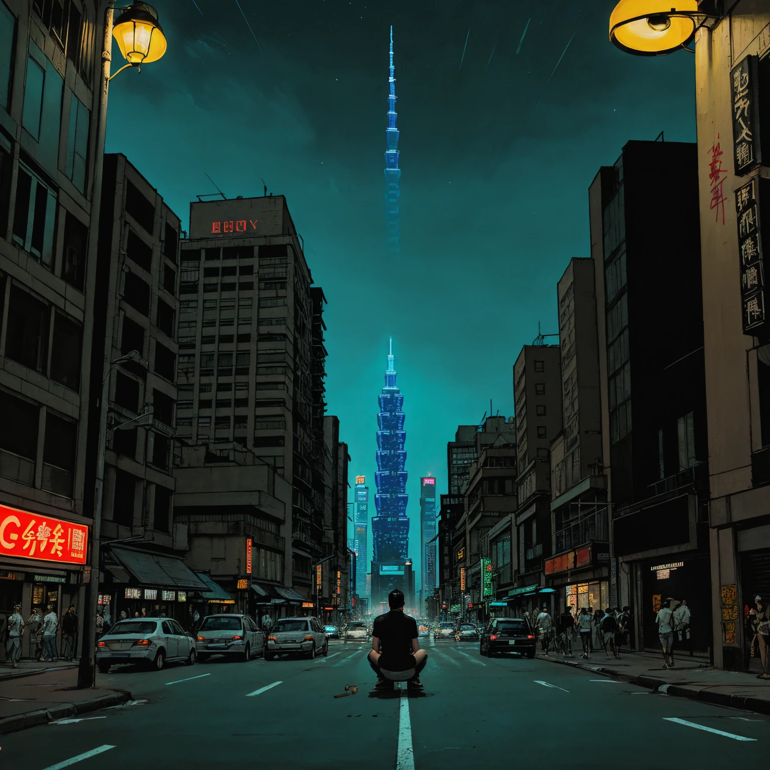 (masterpiece), (graffiti),, (street), (taipei city neon lights), (blue tint), (skyscrapers), (realistic illustration), (cinematic), (night), (city skylines), , (traffic lights), (one hip hop man back silhouette sitting)