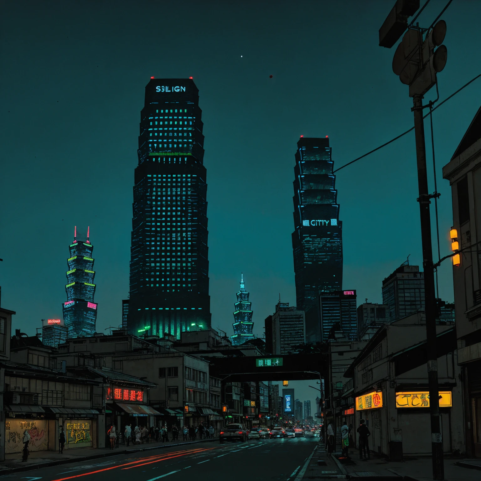 (masterpiece), (graffiti),, (street), (taipei city neon lights), (blue tint), (skyscrapers), (realistic illustration), (cinematic), (night), (city skylines), , (traffic lights), (one hip hop man back silhouette sitting)