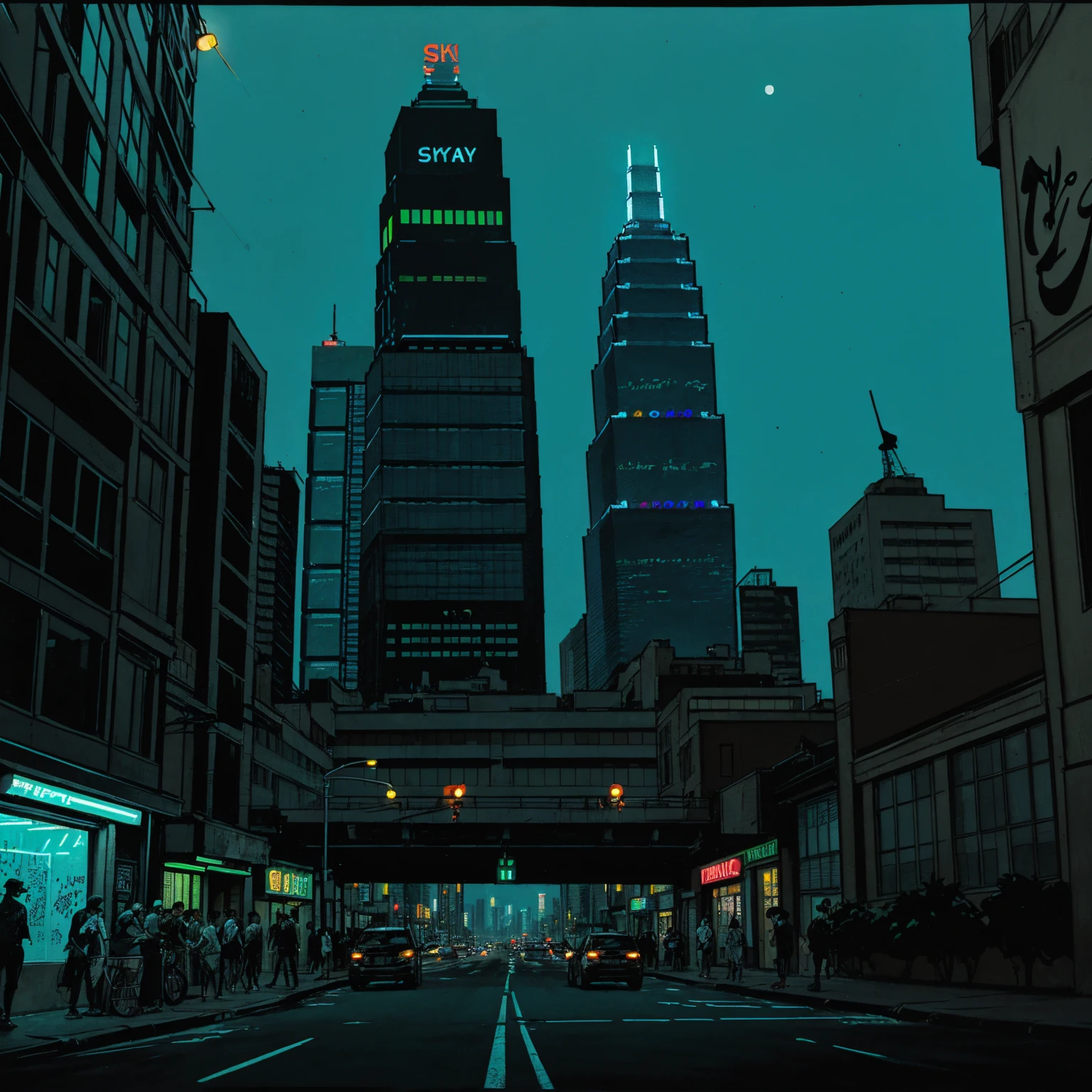 (masterpiece), (graffiti),, (street), (taipei city neon lights), (blue tint), (skyscrapers), (realistic illustration), (cinematic), (night), (city skylines), , (traffic lights), (one hip hop man back silhouette sitting)
