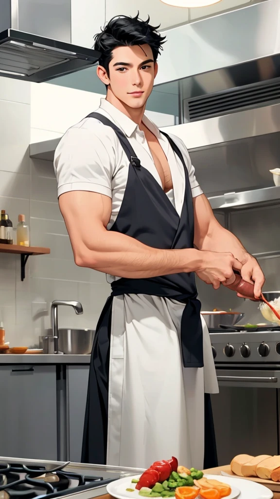 1boy, adult, handsome, perfect face, detailed eyes and face, clean shaved, sixpack realistic, white eyebrow hair, white eyelashes, dynamic lighting, unreal engine 5, hd picture, satoru gojo, white hair, short hair ,hair between eyes ,blue eyes, white skin, apron, Kitchen space background