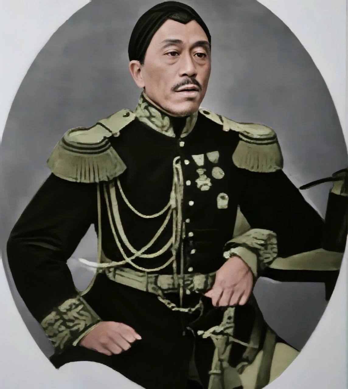 Indonesian Muslim man, aged 40 years or over, wearing full kanigaran clothing, slightly wrinkled brownish skin, thin mustache, clear, slightly slanted eyes, very realistic HD image.