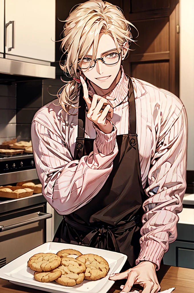 1male, ponytail hair, brown eyes, blond hair, white apron, pink sweater, glasses, mature face, ikemen, smile, baking cookies, kitchen background, 4k, high resolution, rim lighting
