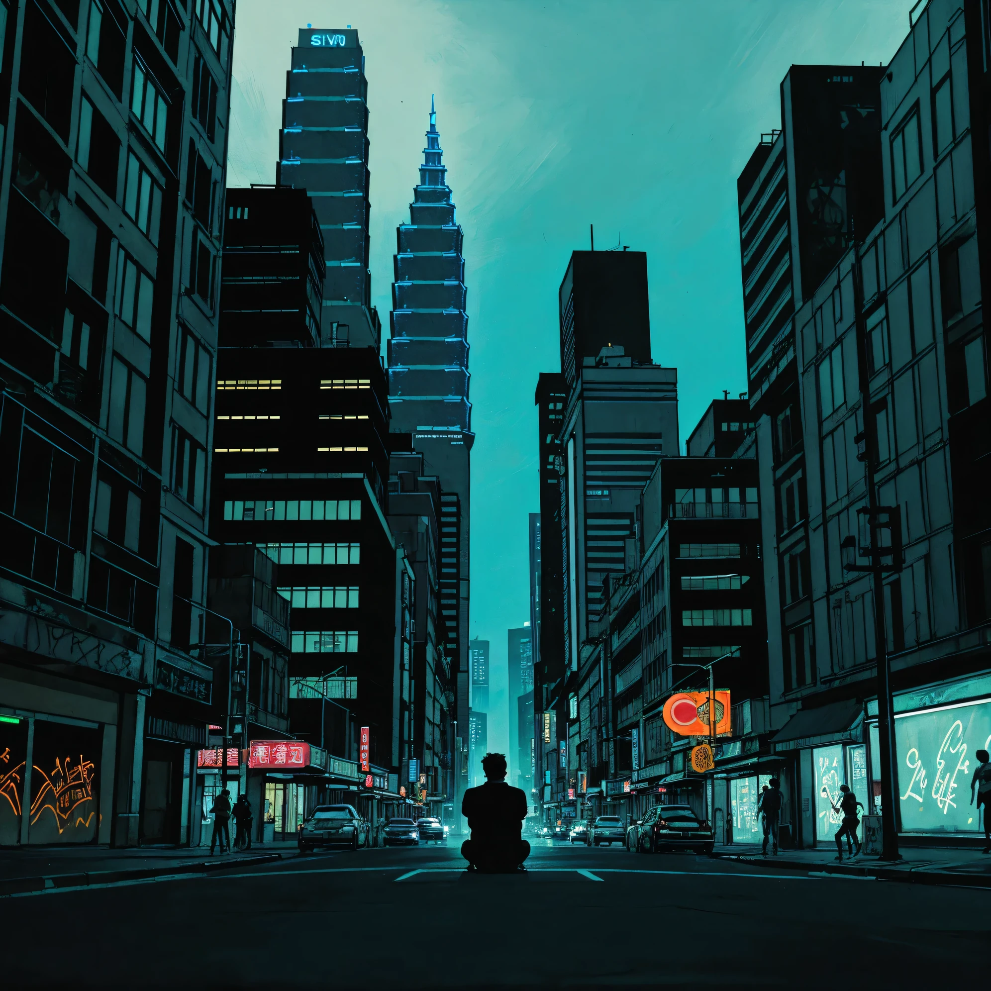 (masterpiece), (graffiti),, (street), (Taipei city neon lights), (blue tint), (skyscrapers), (realistic illustration), (cinematic), (night), (city skylines), (man back silhouette sitting)
