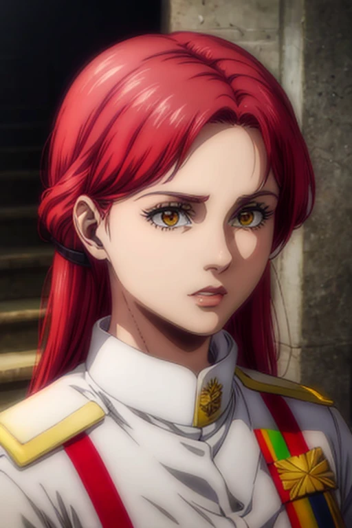 30 year old woman, channel red hair, gold eyes, neutral expression, White military uniform, liberia, Marley