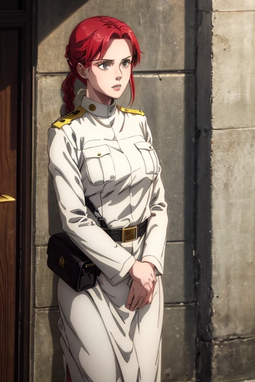 30 year old woman, channel red hair, gold eyes, neutral expression, White military uniform, liberia, Marley